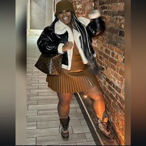 Zara Short Brown Cracked Patent & Cream Shearling Jacket